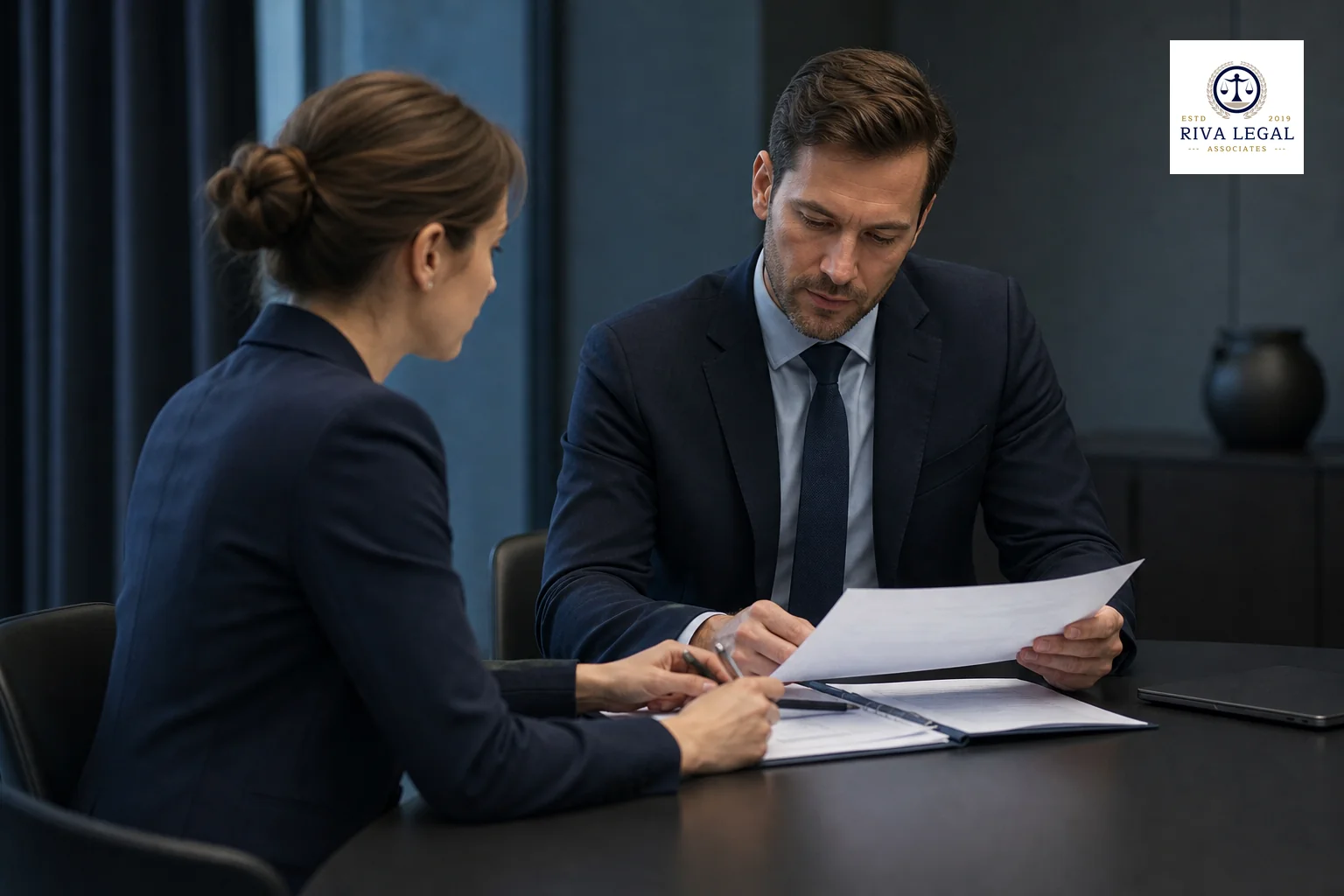 Two professionals in a quiet consultation setting representing an advisory discussion, understated and formal. photorealistic photo of two professionally dressed people in a minimalist meeting room having a quiet discussion over documents