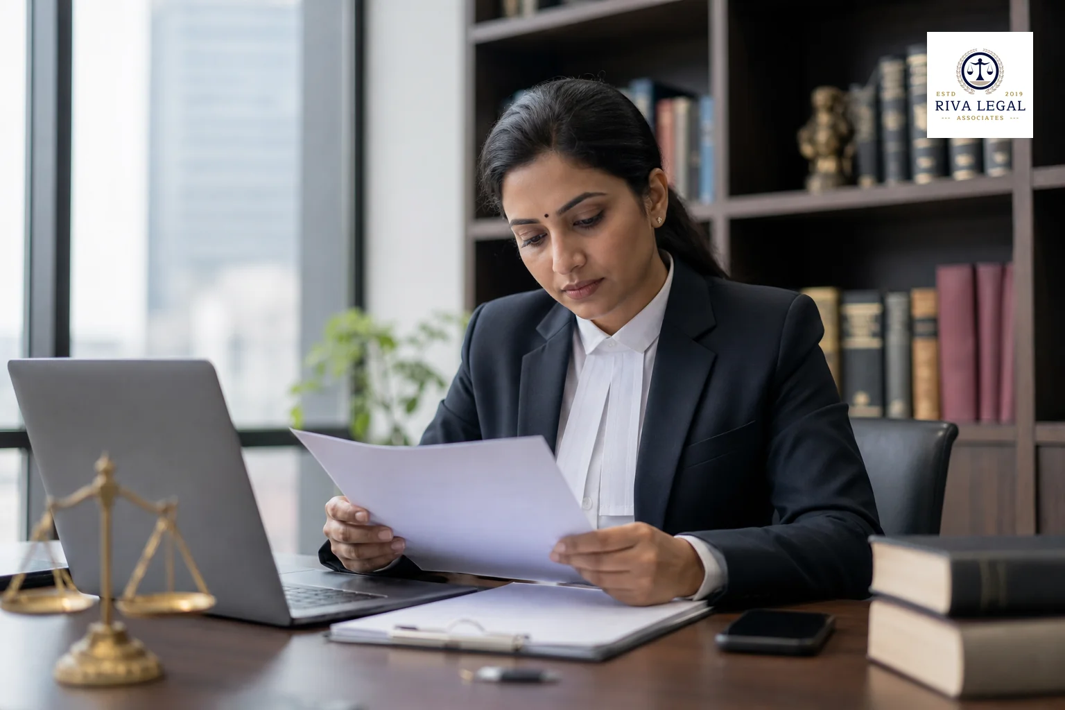 photorealistic: a focused Indian woman advocate in professional attire sitting at a wooden desk in a law office, reviewing documents with a laptop and phone nearby, soft natural window light, muted navy and grey color palette (#131e34