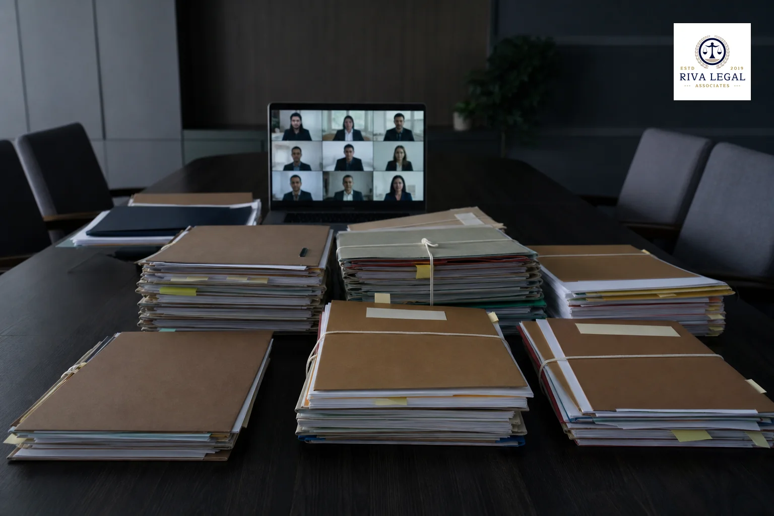 photorealistic: a wide shot of a conference table with legal case files stacked and labelled by different Indian states, a laptop showing a video call in the background, subdued office lighting in slate and charcoal tones (#48516d