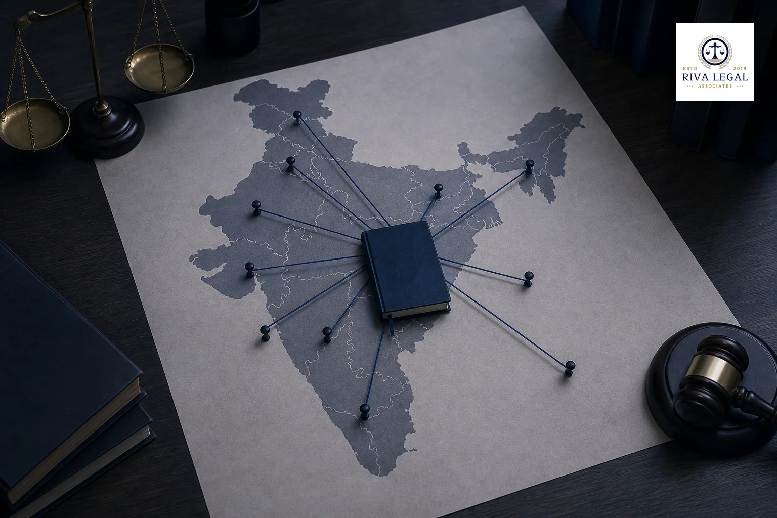 photorealistic: an overhead view of a dark wood office desk with an outline map of India printed on paper, several small location pins placed across different states, connected by thin thread to a single notebook in the center, moody