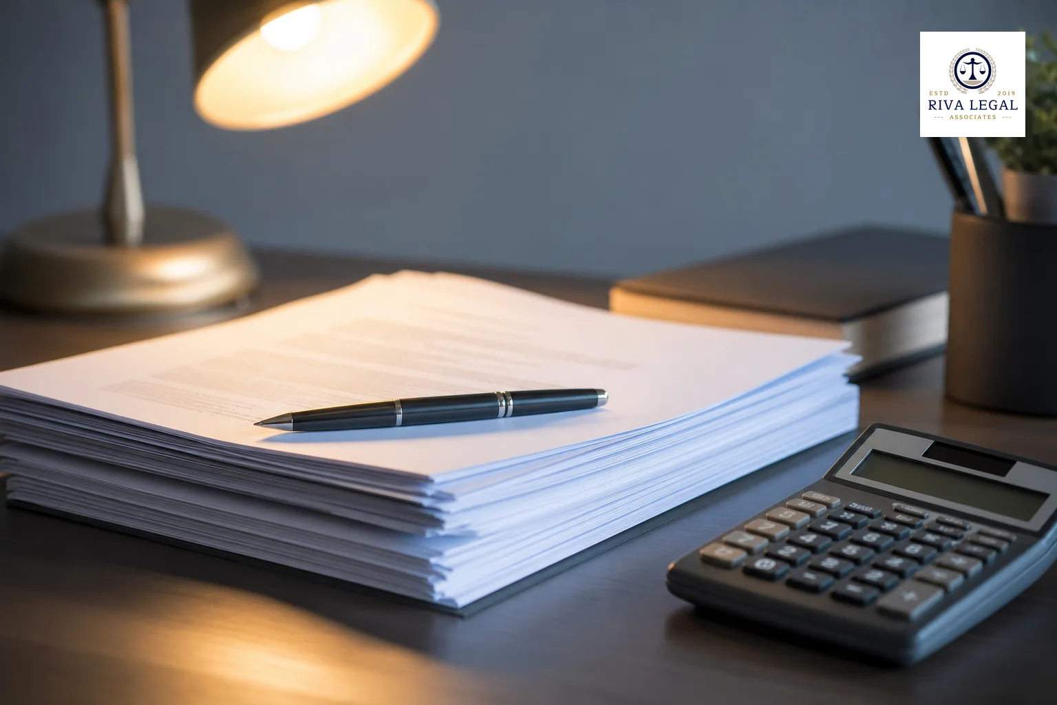photorealistic: close-up of a desk with stacked legal engagement letters, a pen, and a calculator, warm desk lamp light against a cool blue-grey background (#8494a6, #81879d), tidy and professional composition, no legible text visible on