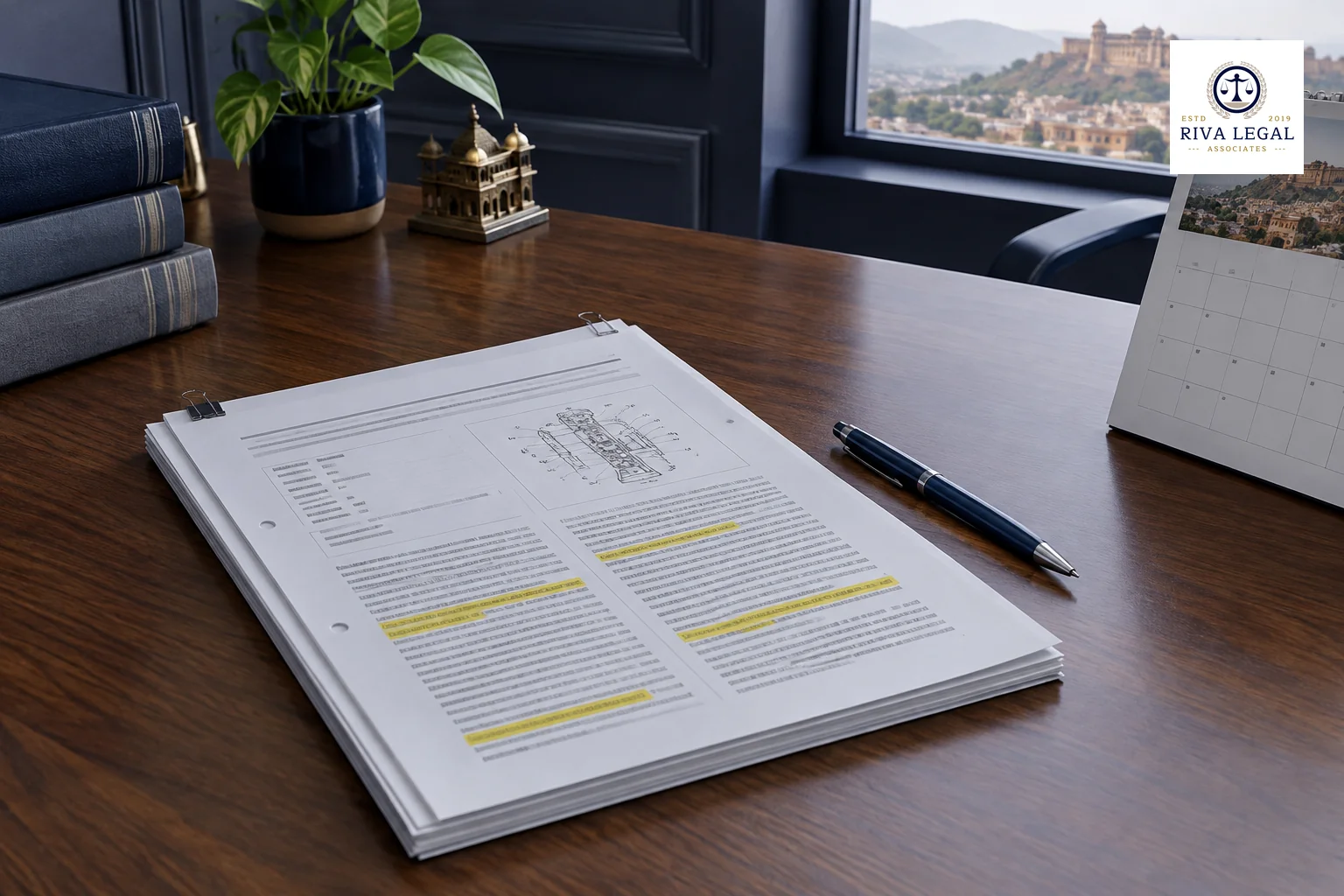 Printed first examination report with highlighted objections and a dated calendar on a desk in a Jaipur chambers