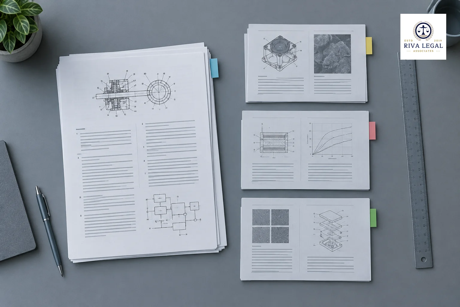 Printed patent claims with cited prior art documents spread out for comparing objections against each claim
