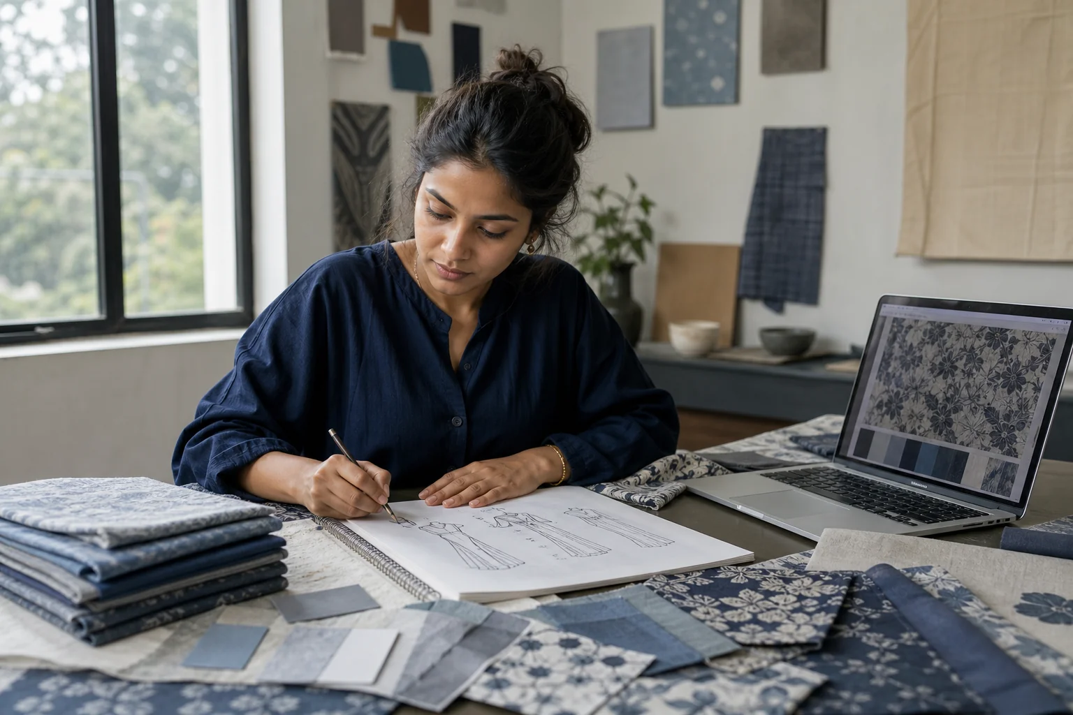 Photorealistic photo of a fashion designer sitting at a studio table in India, surrounded by fabric swatches, sketchbooks, and a laptop showing textile print designs, natural daylight from a large window, muted professional color palette