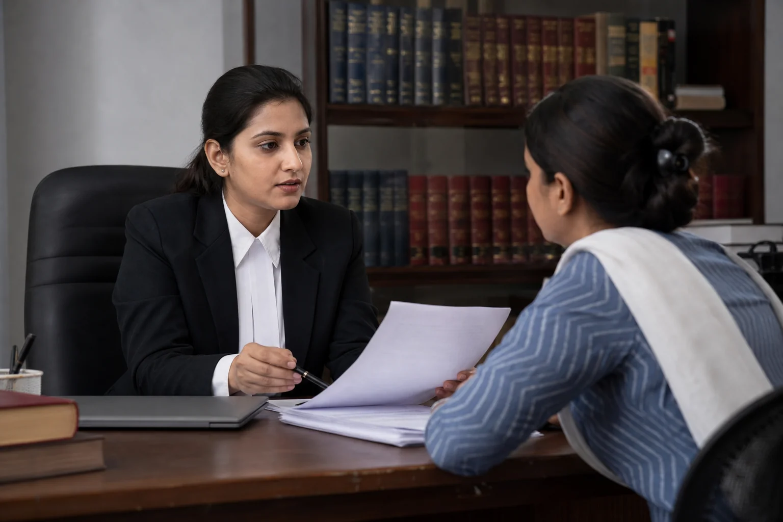 A professional consultation scene between a lawyer and a creative client discussing documents in an Indian law office. Photorealistic photo of a female Indian advocate in professional attire discussing documents with a client across a