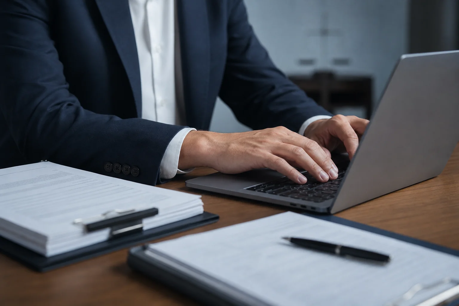 A close-up of hands filing legal documents and typing on a laptop for an online government portal submission. Photorealistic photo of a professional's hands typing on a laptop keyboard at a wooden desk, legal documents and a printed