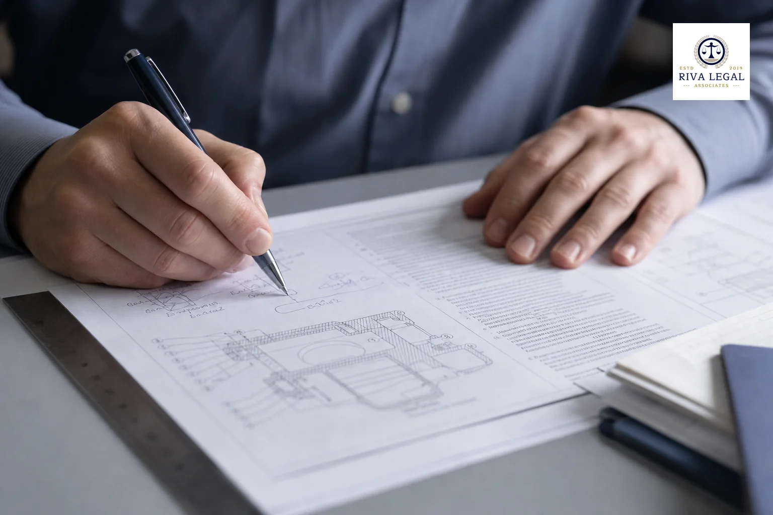 Close-up of hands drafting or annotating a technical patent specification document with diagrams. Photorealistic close-up photo of a person's hands writing notes and annotating a printed technical specification document with an engineering