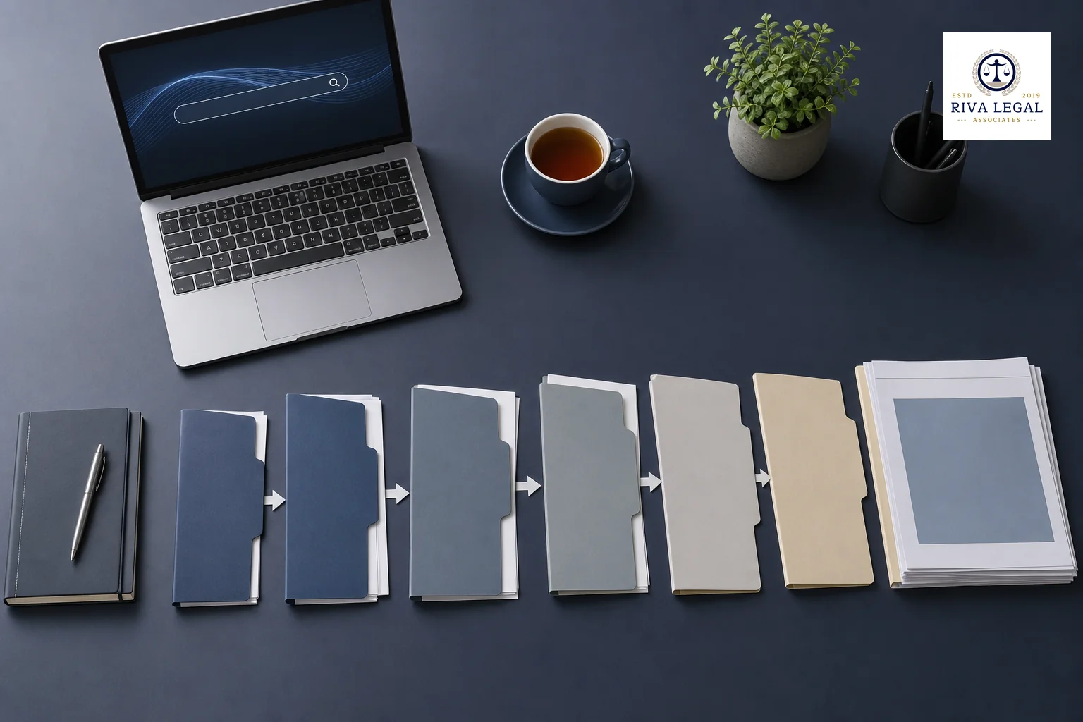 Photorealistic photo of a neatly organized desk from an overhead angle showing a sequential stack of labeled folders and documents arranged in a row suggesting a step-by-step process, a laptop showing an abstract search interface, a cup of
