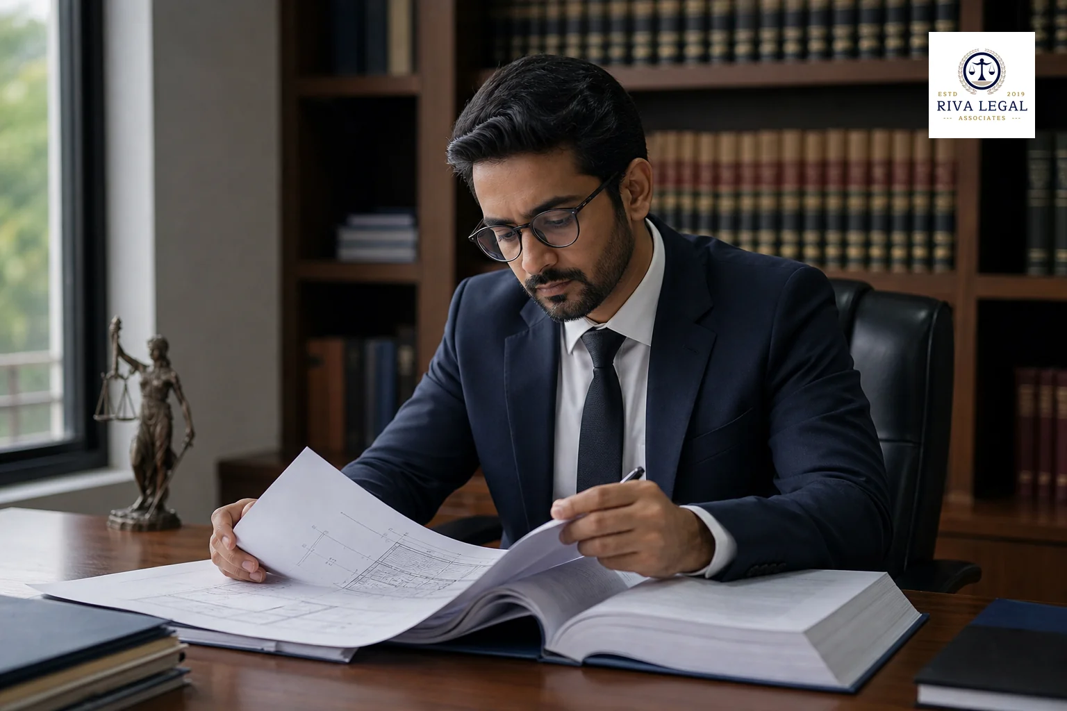 A professional Indian patent attorney reviewing technical drawings and documents in a law office setting, representing the patent filing process. Photorealistic photo of an Indian legal professional in formal business attire seated at a