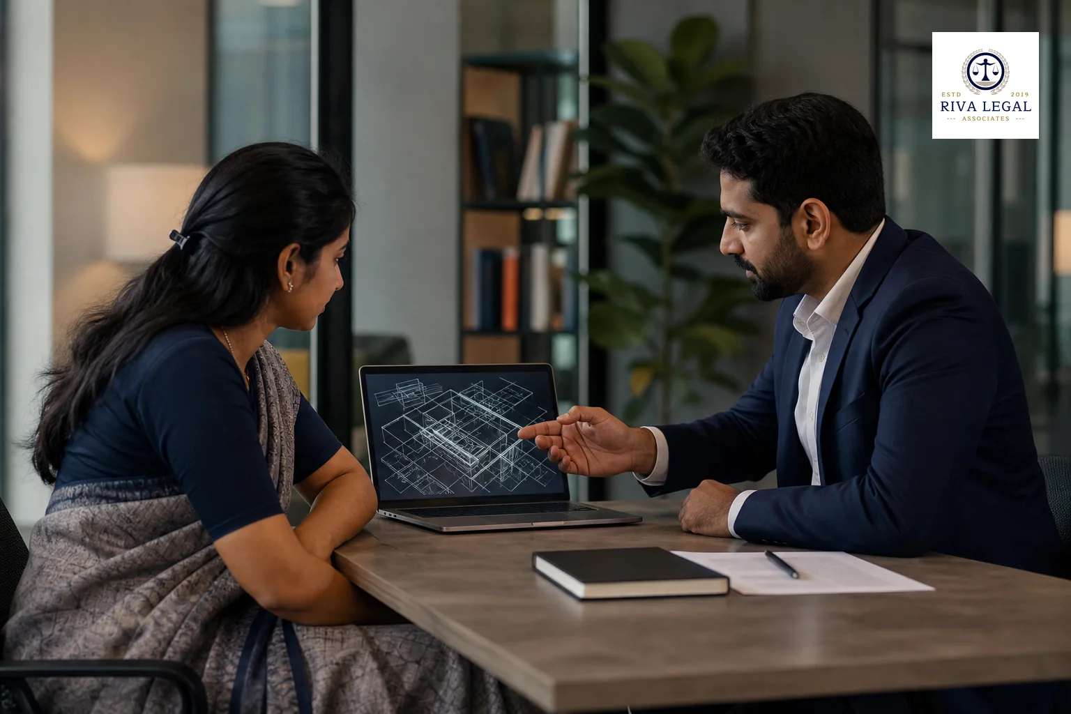 Photorealistic photo of two professionals in a modern office in India having a focused discussion across a table, one gesturing toward a laptop screen showing an abstract technical schematic, formal Indian business attire, warm yet muted