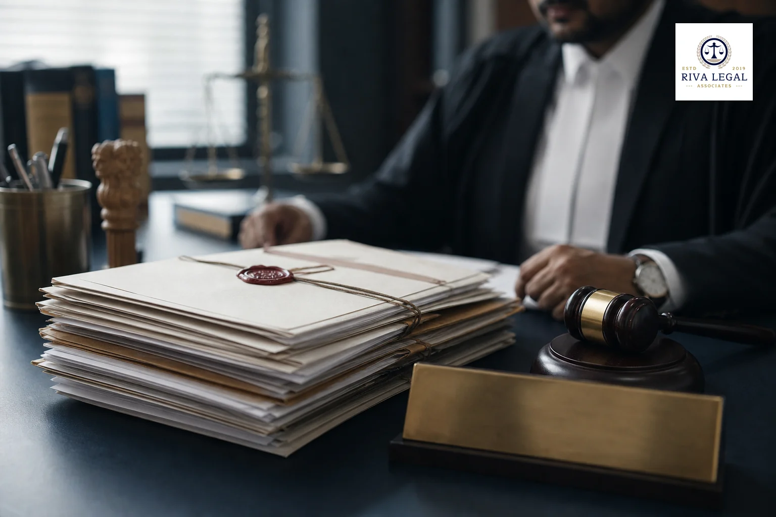 photorealistic: A close-up photograph of a legal professional's desk in an Indian law office, showing a neat stack of official-looking documents with a wax seal impression and a wooden gavel resting beside a brass nameplate, soft natural