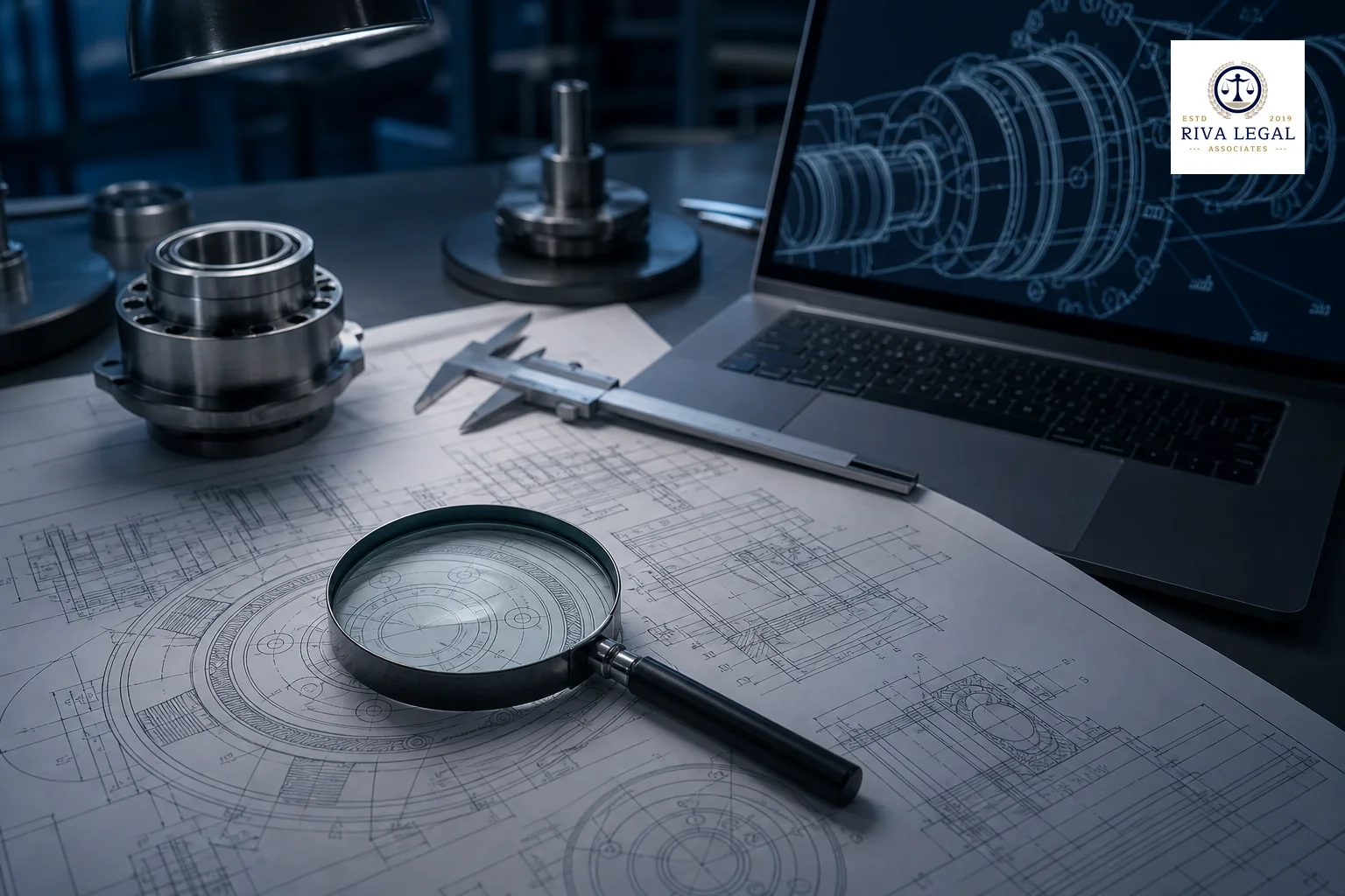 photorealistic: A photograph of a research and development workspace with a technical blueprint or mechanical schematic diagram spread on a table, a magnifying glass resting on top, alongside a laptop showing abstract technical line