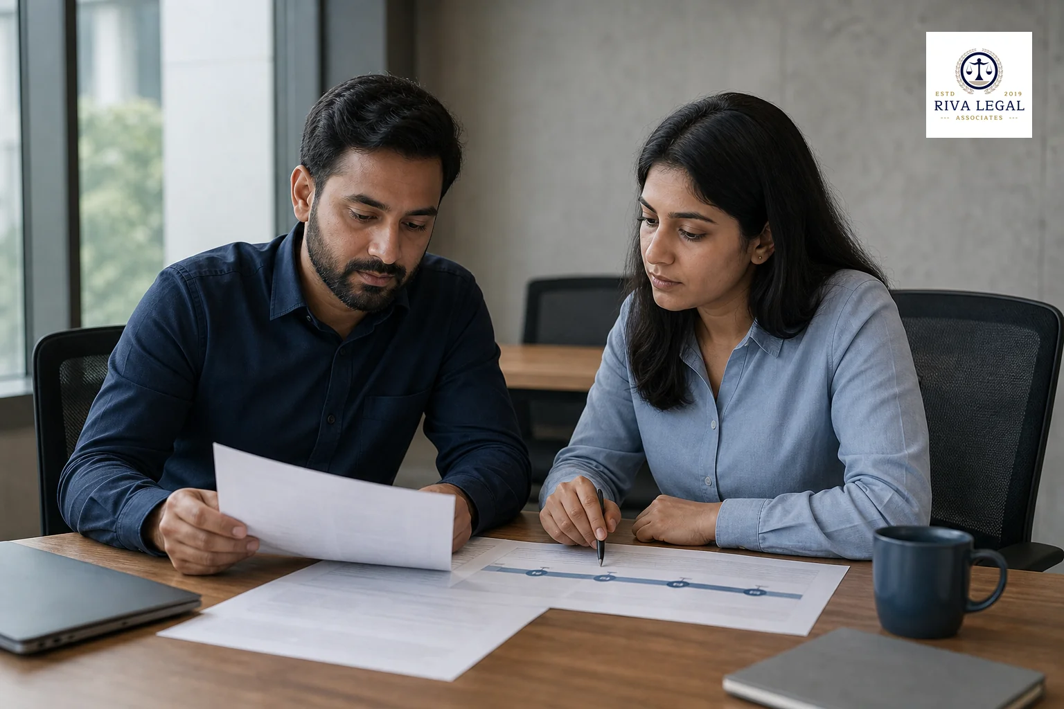 Photorealistic image of a founder or small business team planning strategy with documents and a whiteboard-style timeline. photorealistic: A photograph of two professionals in business casual attire reviewing printed documents and a simple