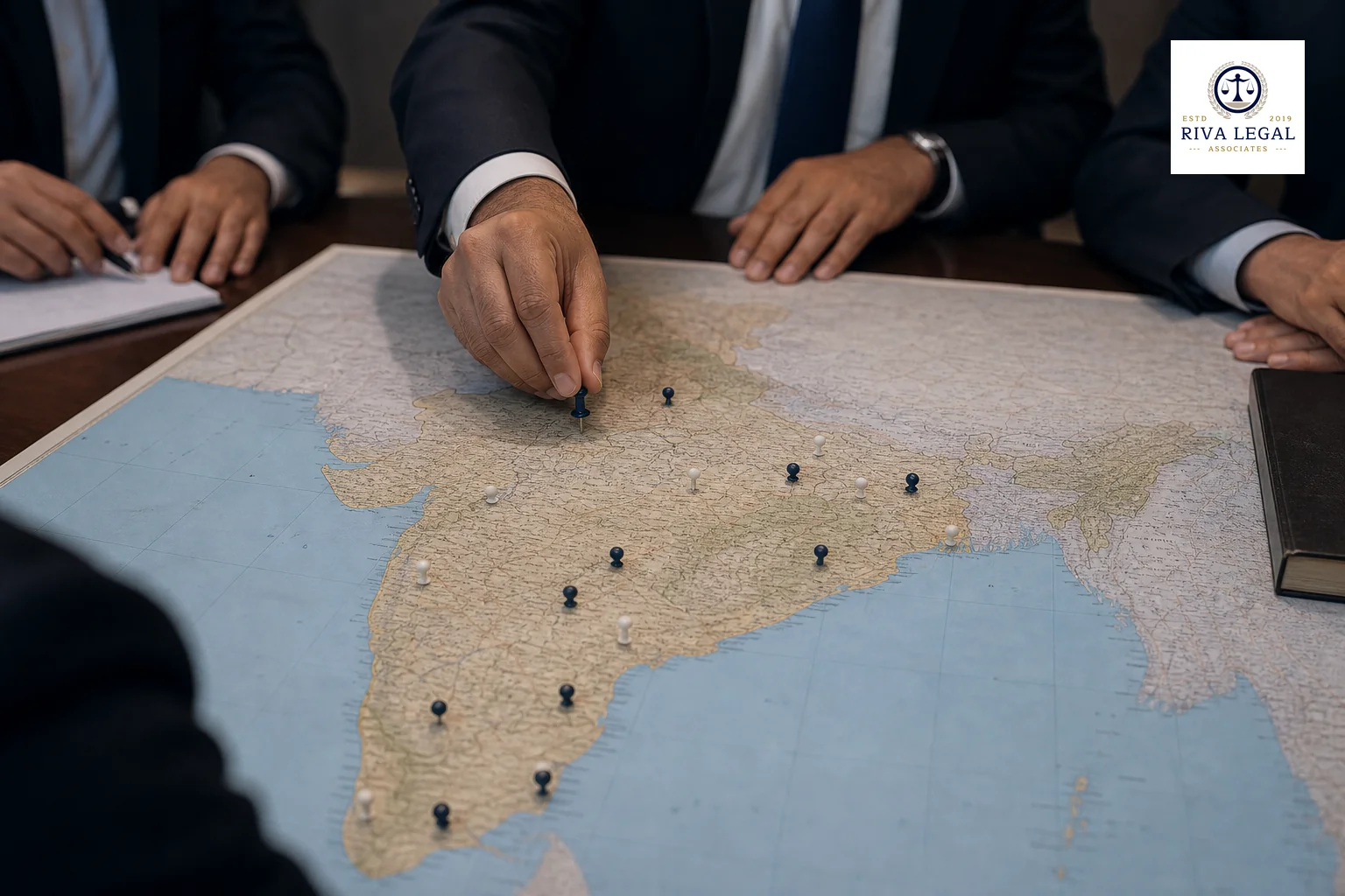 photorealistic: A close-up shot of a large India map spread on a wooden conference table with a lawyer's hand placing a pin near Rajasthan, soft overhead lighting, dark blue and slate color grading matching brand palette (#131e34, #8494a6)