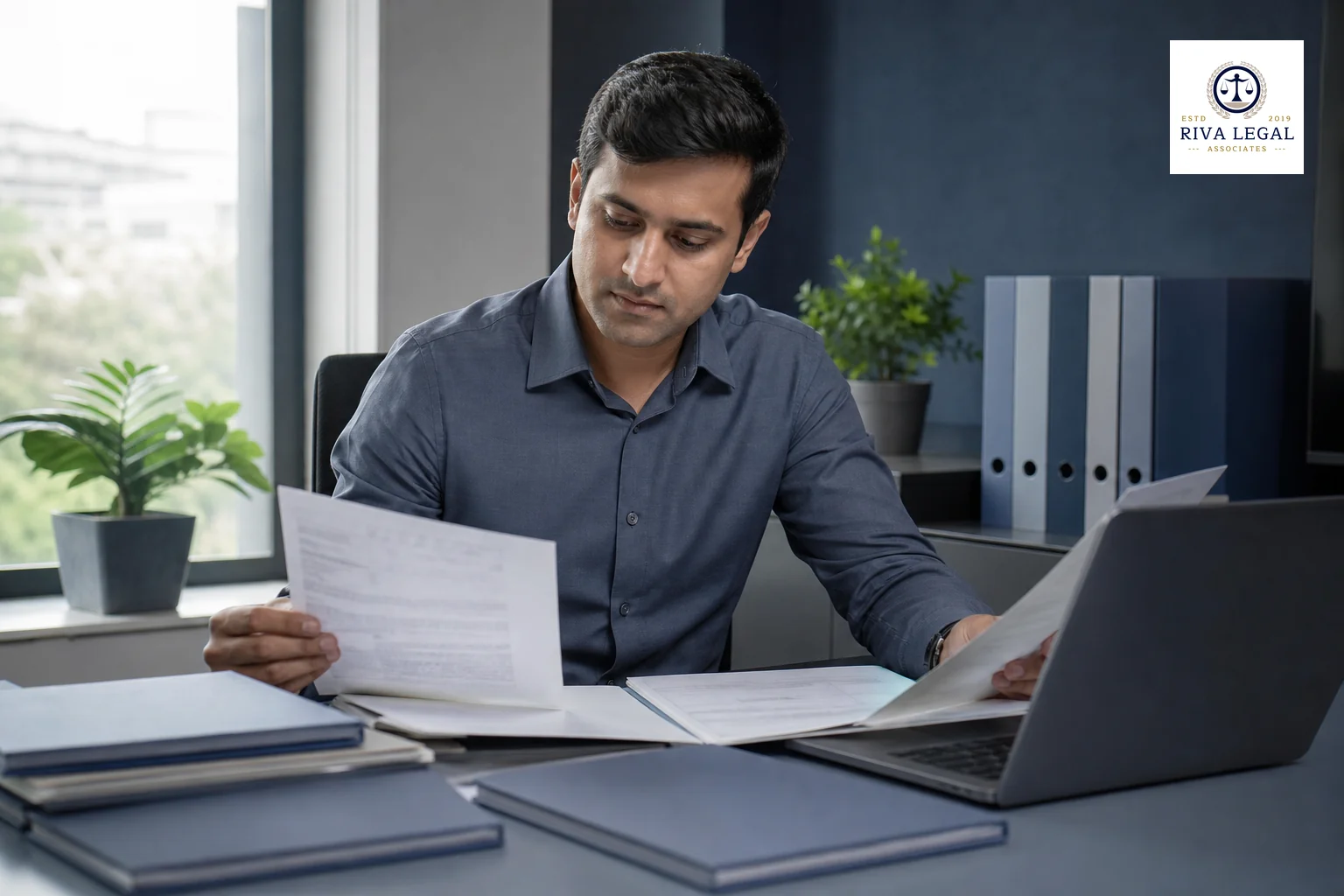 Founder reviewing IP documents representing patents, trademarks and copyright. photorealistic: A founder in a modern Indian office reviewing printed legal documents and a laptop showing patent and trademark certificates, desk with folders