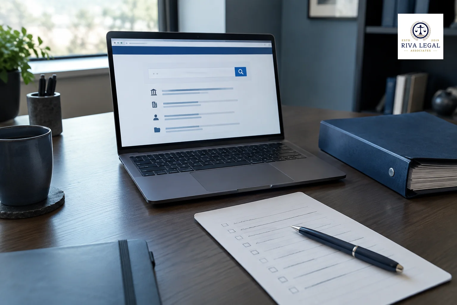 Founder reviewing a trademark application checklist on a desk with a laptop and notes