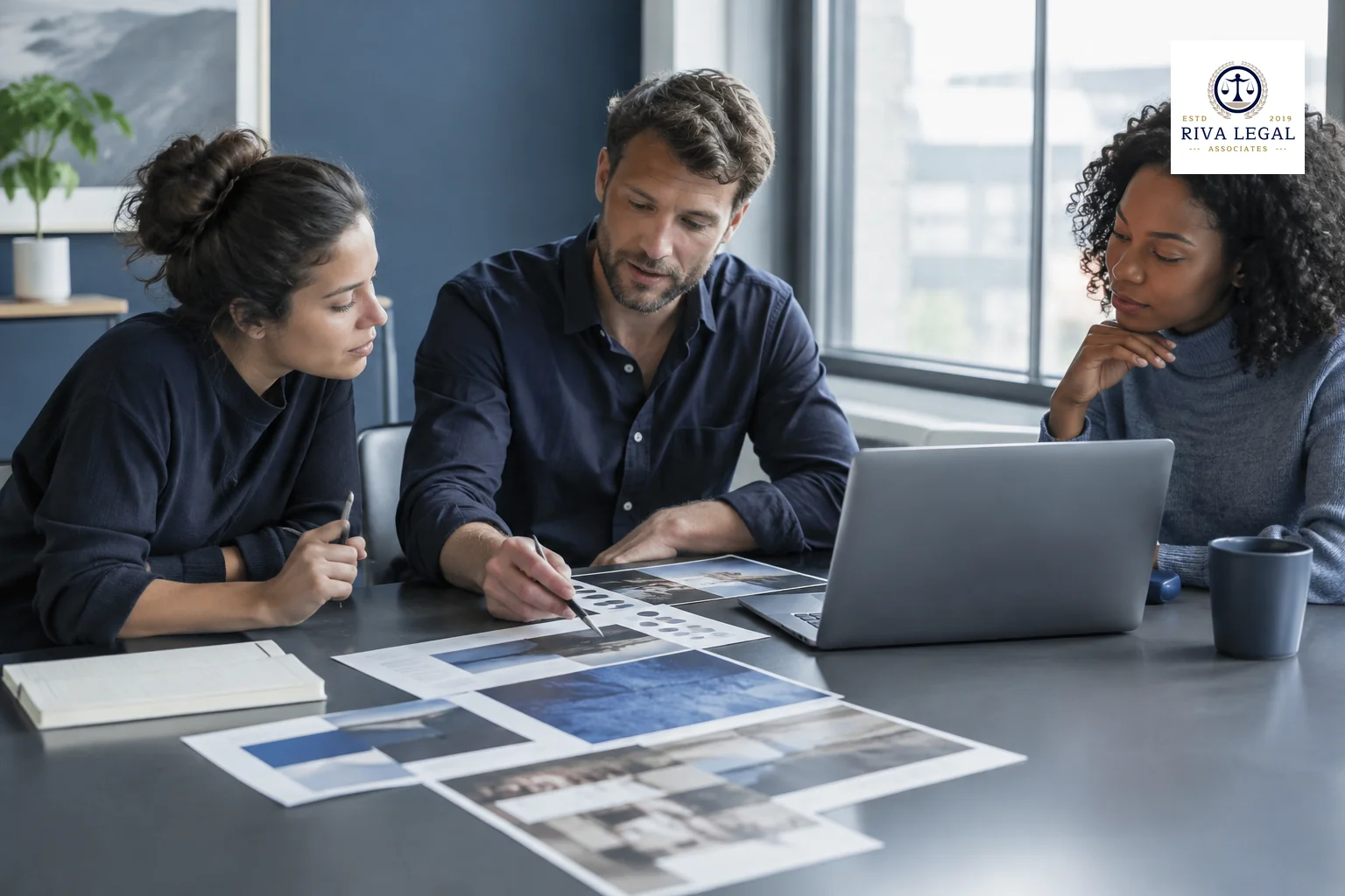 Marketing team reviewing campaign materials around a table in a modern office