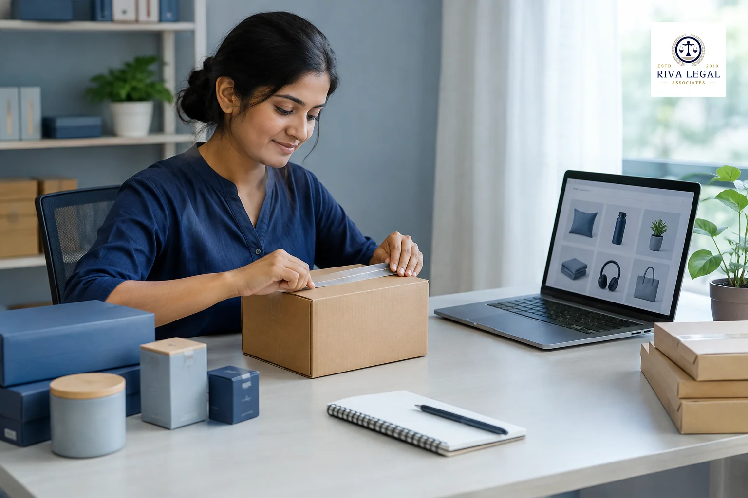 Small online retail owner packing parcels beside a laptop showing a storefront in a bright workspace