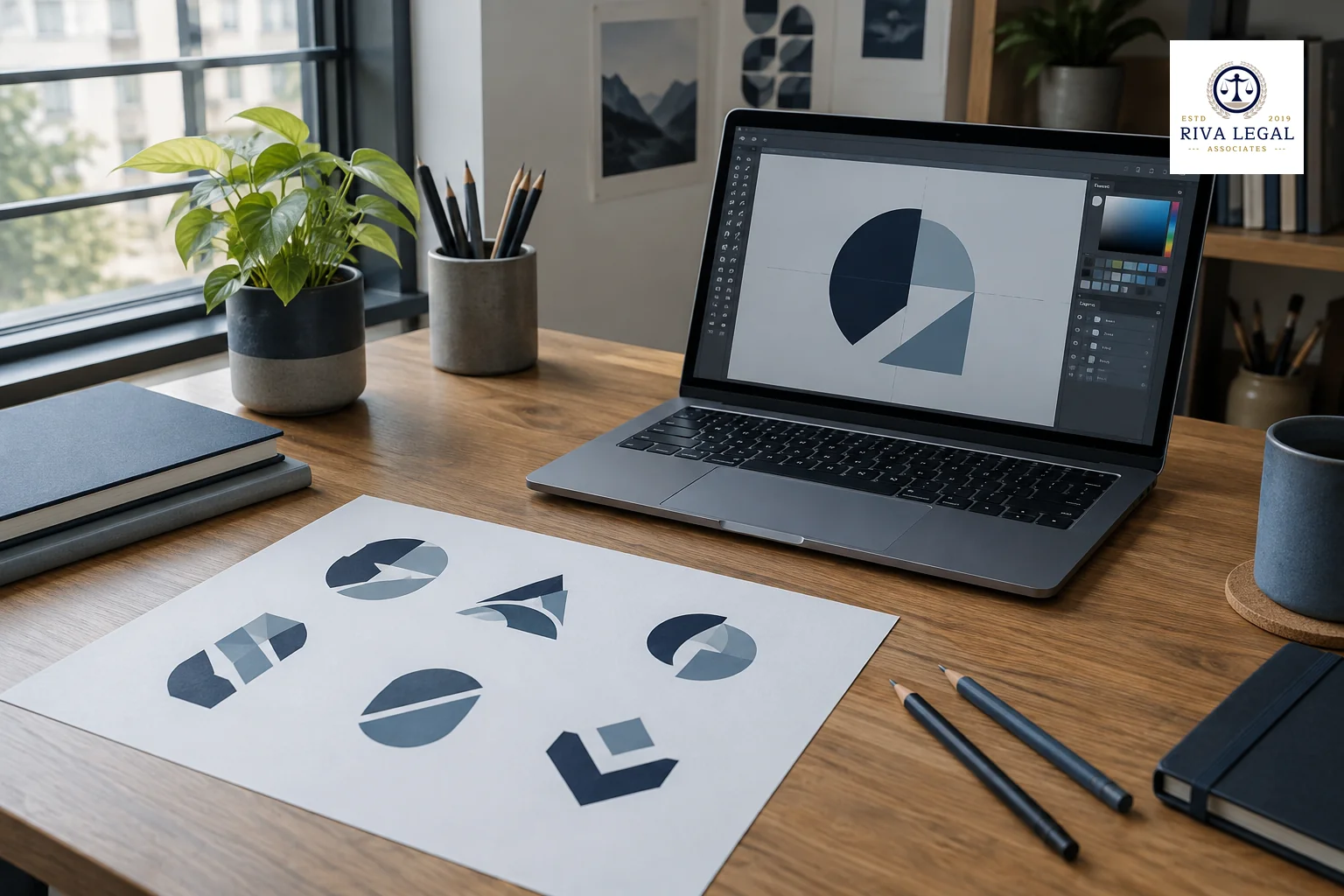 Designer's desk in a Jaipur studio with a printed logo sketch beside a laptop showing vector artwork