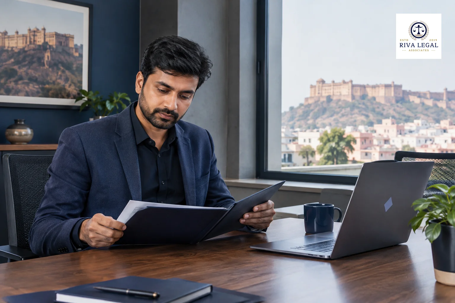Founder reviewing a checklist of documents and logo files at a meeting table in a modern office