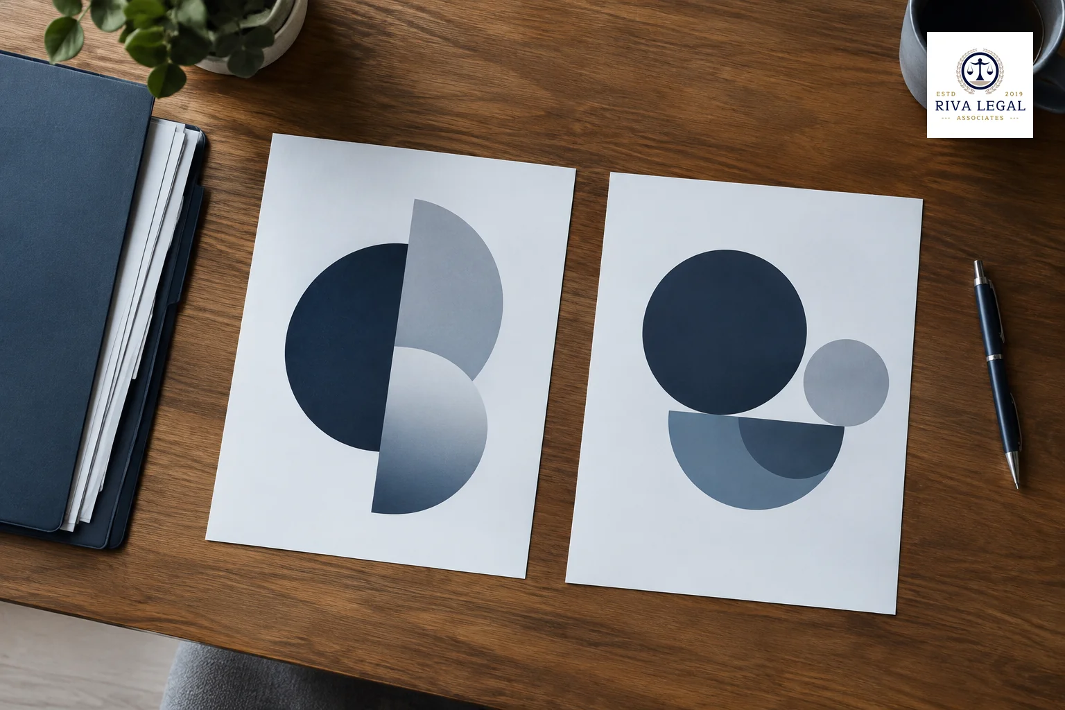 Two printed logo artwork sheets and a ruler laid side by side on a desk for comparison of design and brand use