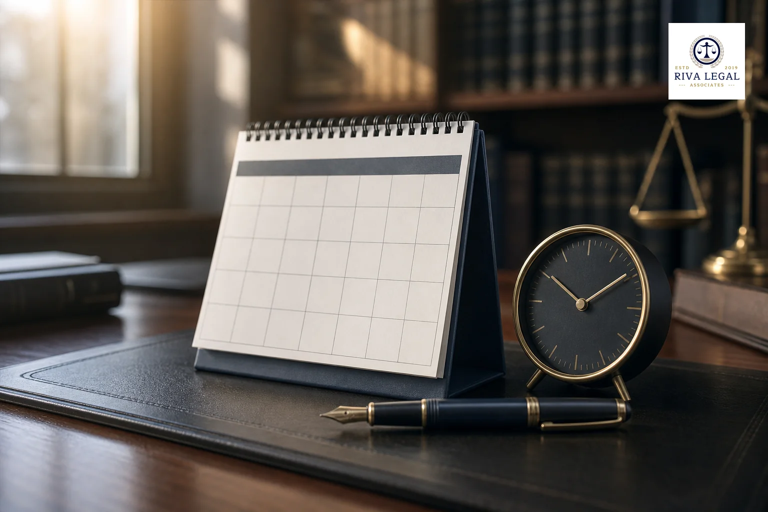 A close-up of a desk calendar and clock symbolizing an urgent legal deadline in a law office setting. Photorealistic close-up photo of a classic desk calendar next to a small analog clock and a fountain pen resting on a leather desk mat in