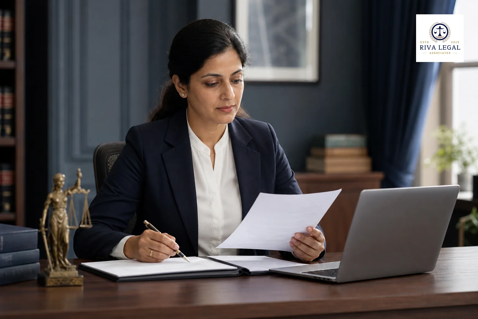 A professional reviewing a trademark examination report document on a laptop and printed papers at a law office desk in Jaipur. Photorealistic photo of a professional Indian woman advocate in formal business attire seated at a wooden desk