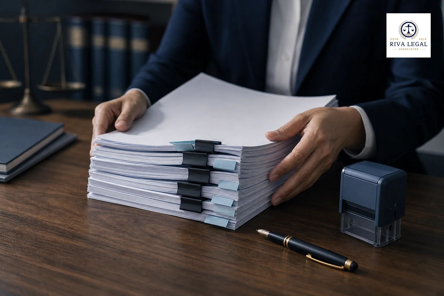Photorealistic photo of hands arranging a stack of paper documents with binder clips and annexure tabs on a wooden office desk, a fountain pen and a small stamp nearby, soft directional light, professional law office atmosphere, color