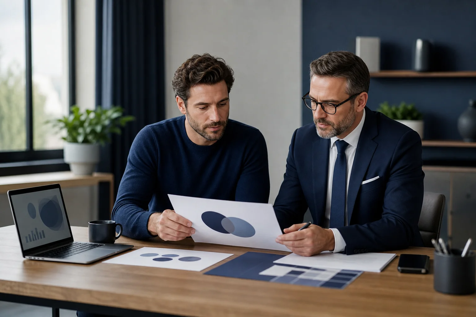 Founder and legal advisor reviewing brand documents before starting trademark registration for a startup in India