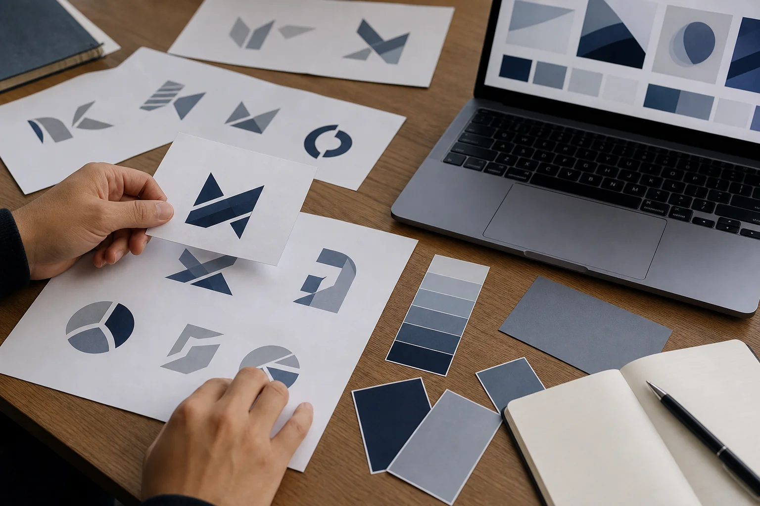 Hands organizing logo sketches and color swatches while preparing brand assets for a startup trademark search