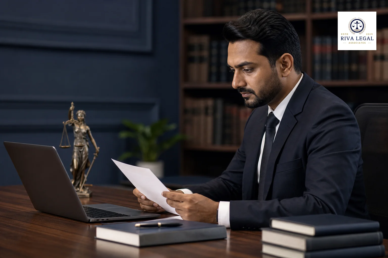 A professional reviewing trademark journal listings on a laptop in an office setting. photorealistic photo of a focused professional in business attire sitting at a wooden desk, reviewing a document listing on a laptop screen in a well-lit