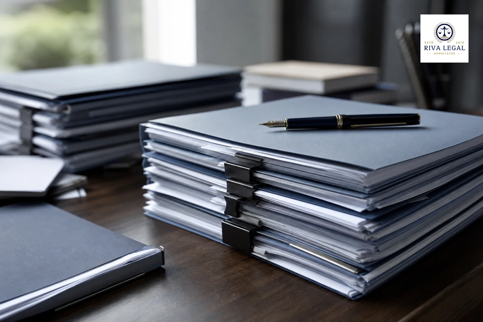 Close-up of legal documents, affidavits and folders being organized on a desk. photorealistic photo of neatly organized stacks of legal documents and folders with binder clips on a dark wood desk, a fountain pen resting on top, soft natural