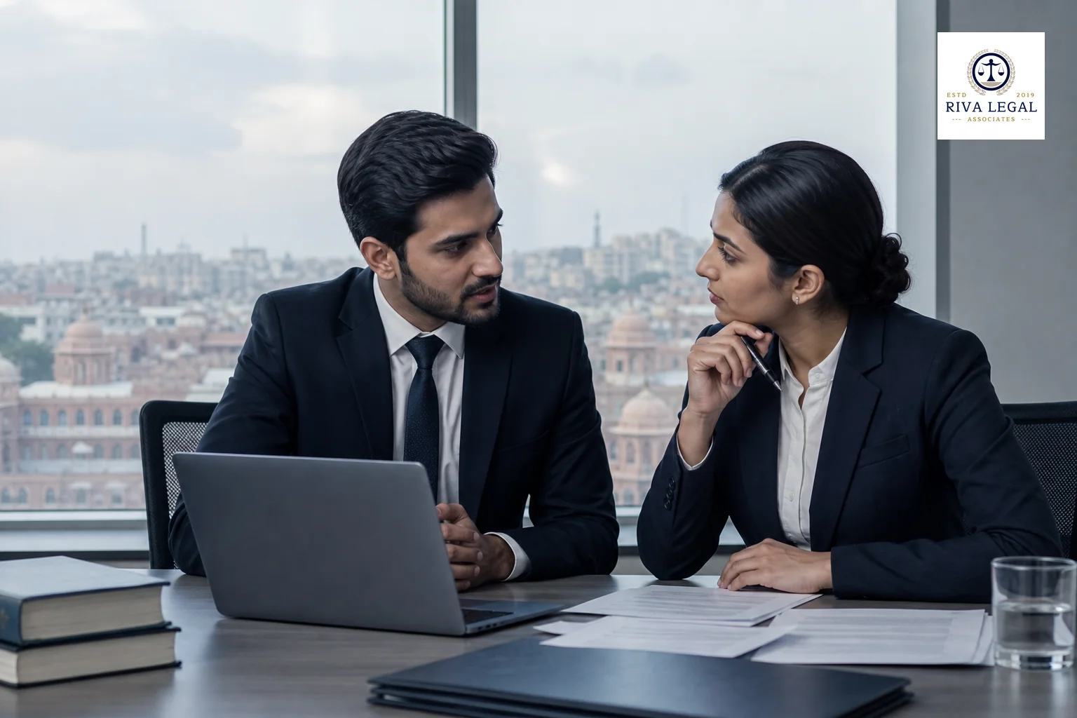 photorealistic photo of two legal professionals in formal attire having a discreet discussion around a conference table with a laptop and printed documents, large window showing a soft cityscape suggestive of Jaipur architecture in the