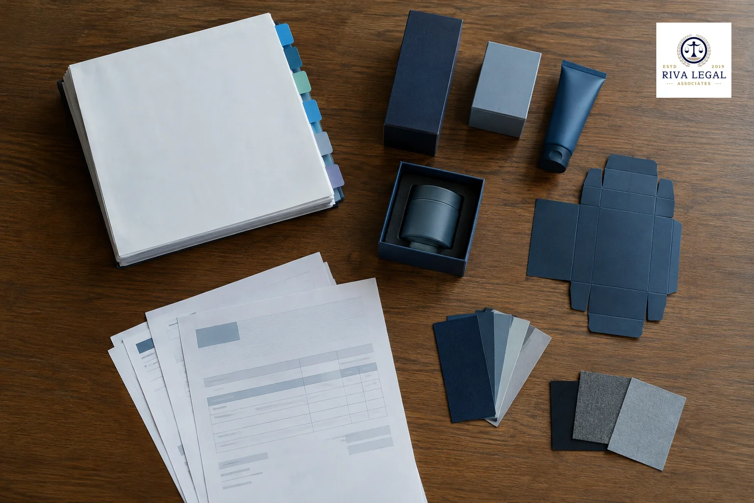 Labelled evidence bundle with index tabs and brand packaging samples arranged for hearing preparation
