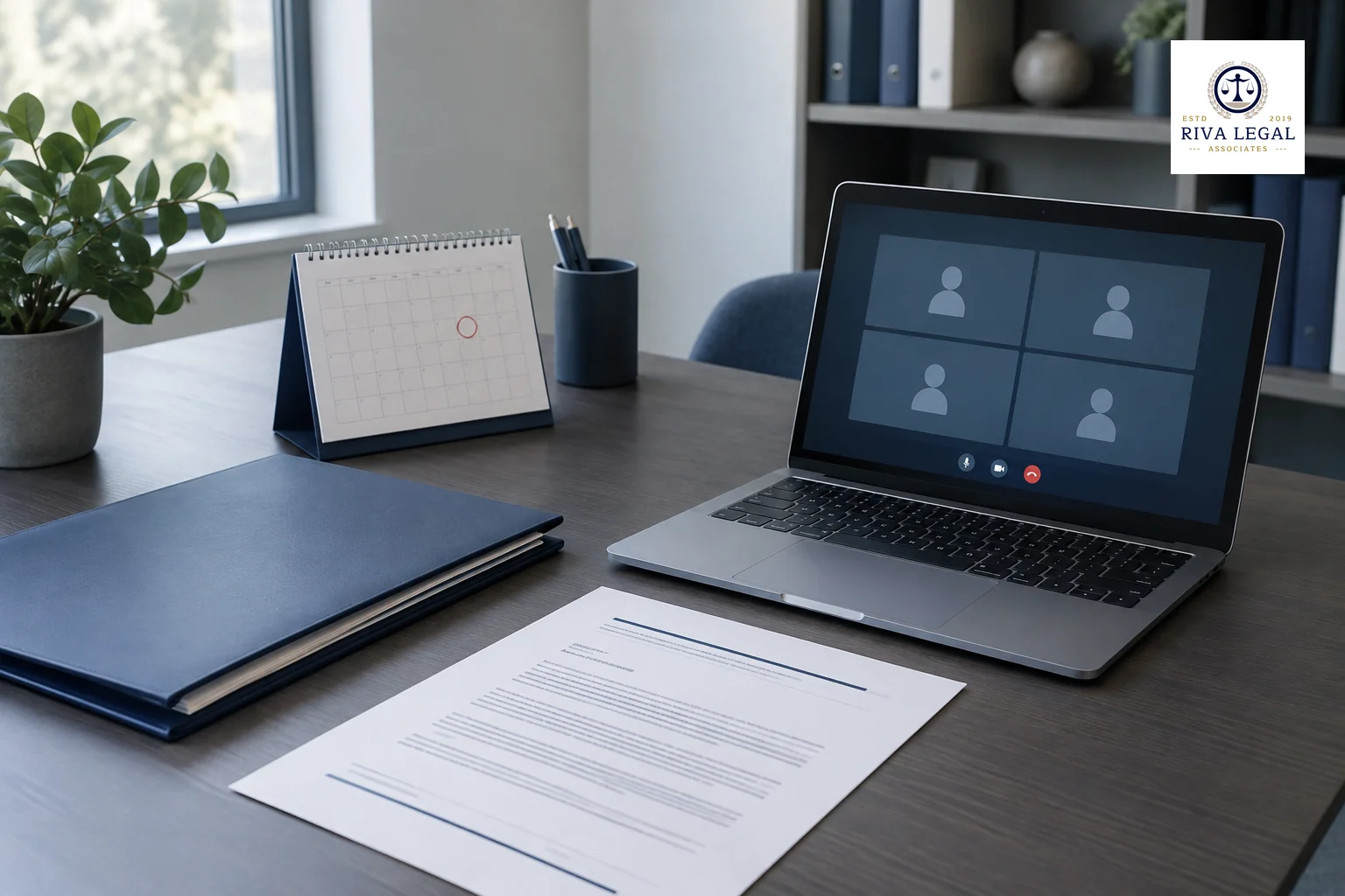 Printed hearing notice, calendar and folder of trademark papers on a desk beside a laptop