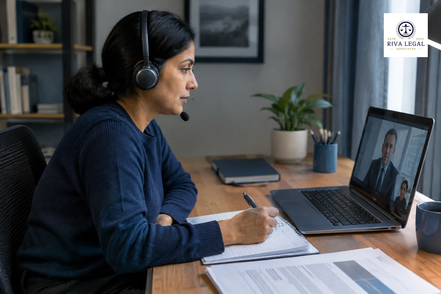 Woman attending an online trademark hearing on a laptop with headset and notes at a home office desk