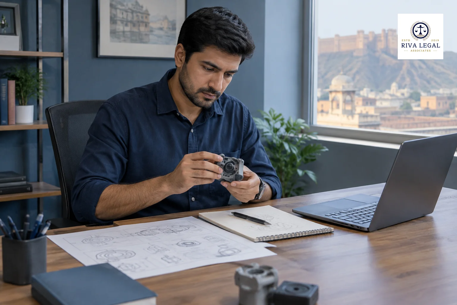 Inventor reviewing technical drawings and notes at a desk while assessing whether an invention is patentable