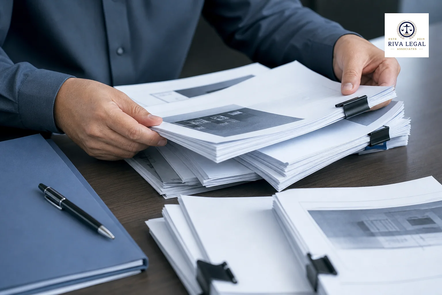 Close-up of hands preparing legal documents and evidence bundles for filing with the patent office. photorealistic close-up photo of hands organizing legal document bundles, affidavits and printed prior art references on a desk, pen and
