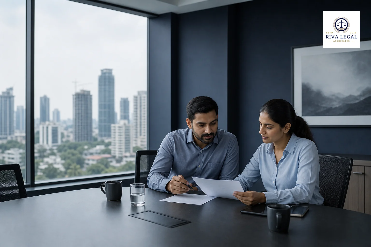 photorealistic photo of a modern Indian office conference room with a large table, two professionals reviewing documents together, city skyline visible through the window suggesting a metro India location, cool toned lighting in dark navy