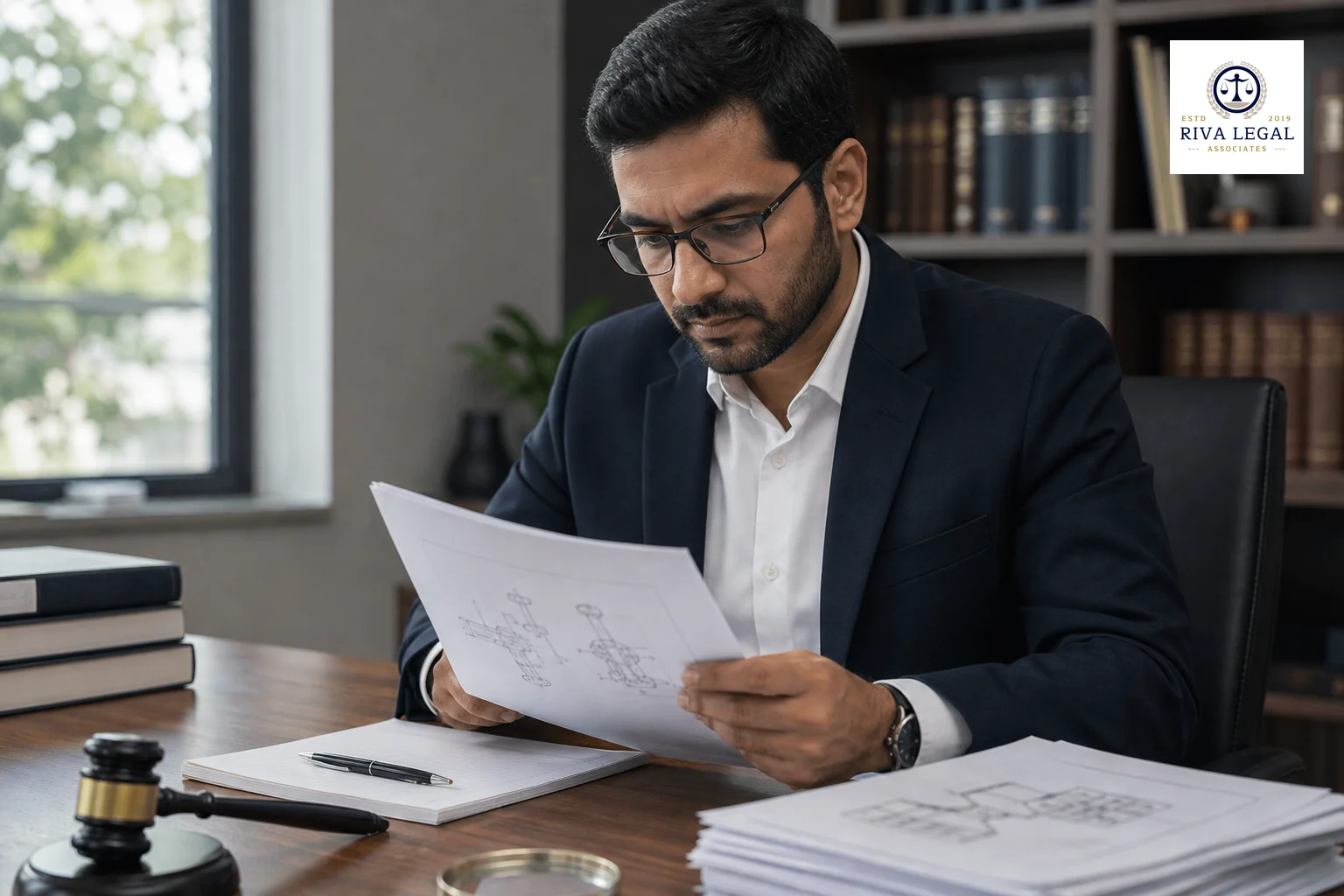 photorealistic photo of an Indian legal professional in formal attire reviewing printed patent application documents at a wooden desk, natural window light, muted navy and slate blue tones (#131e34, #48516d), stacks of paper with technical
