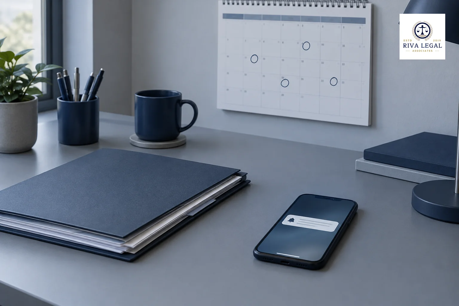 Calendar and folder of dated trademark papers organised on a desk for tracking an application