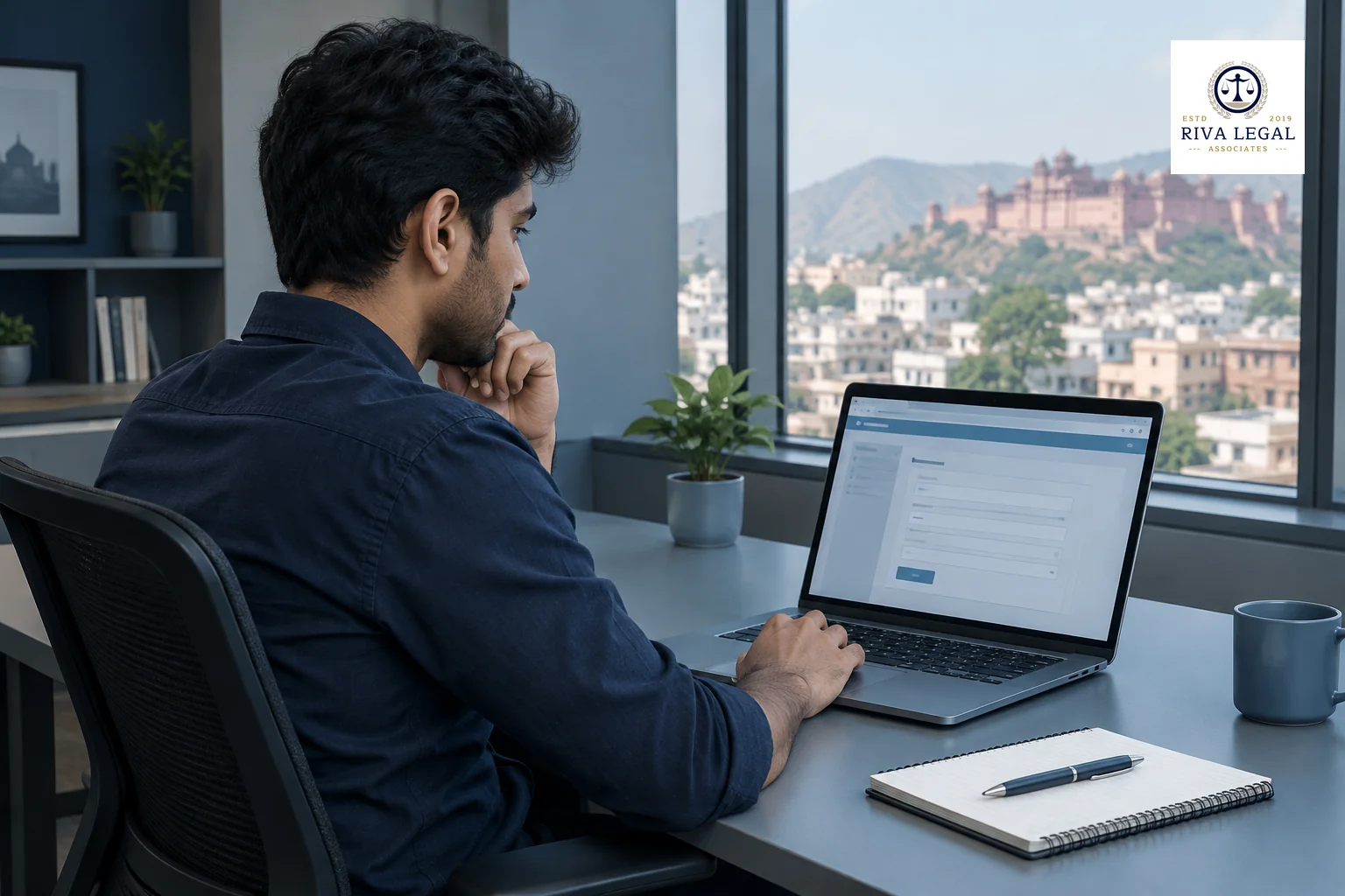 Founder reviewing a trademark application status on a laptop at a desk in a Jaipur office