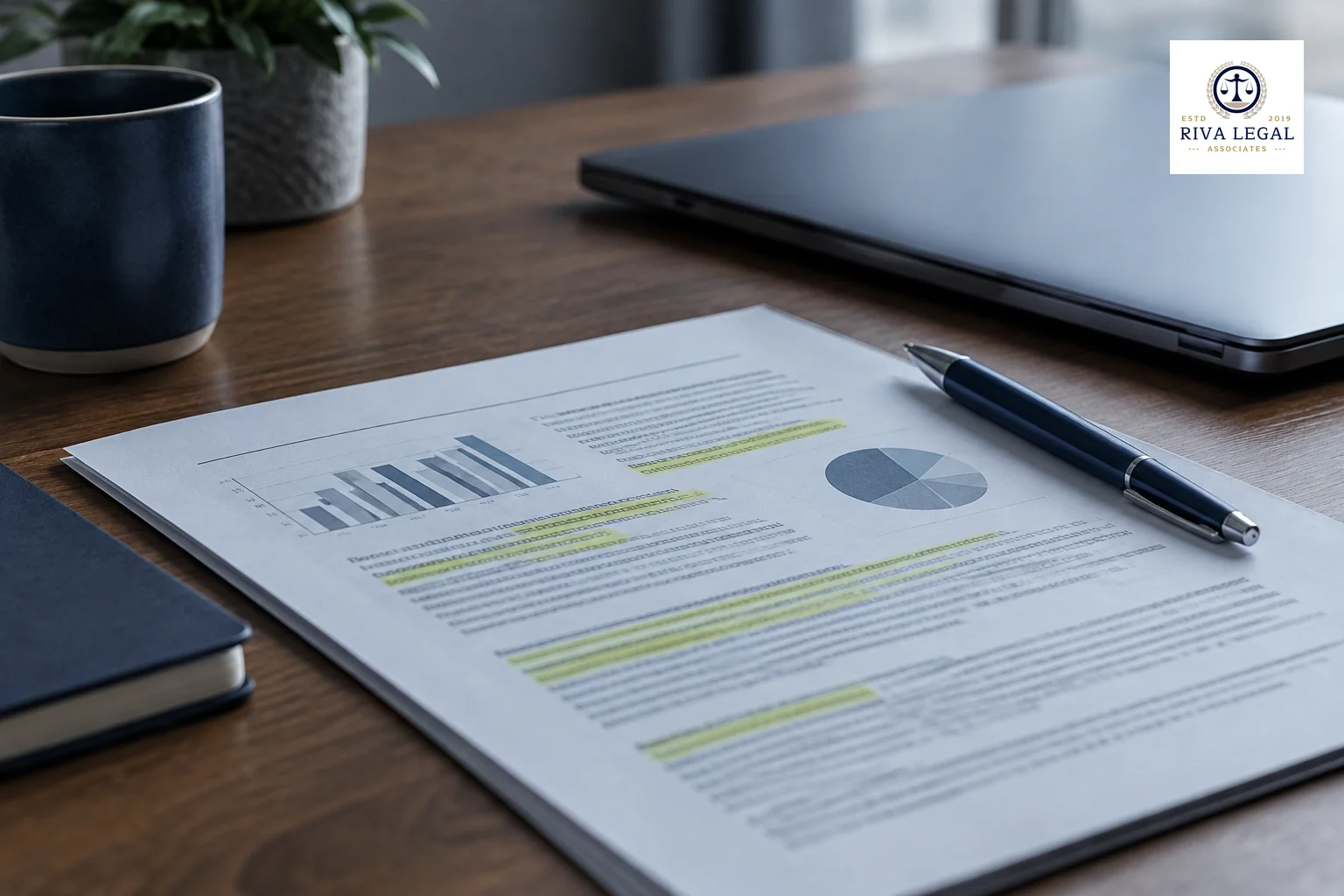 Printed examination report with highlighted paragraphs and a pen on a desk beside a laptop