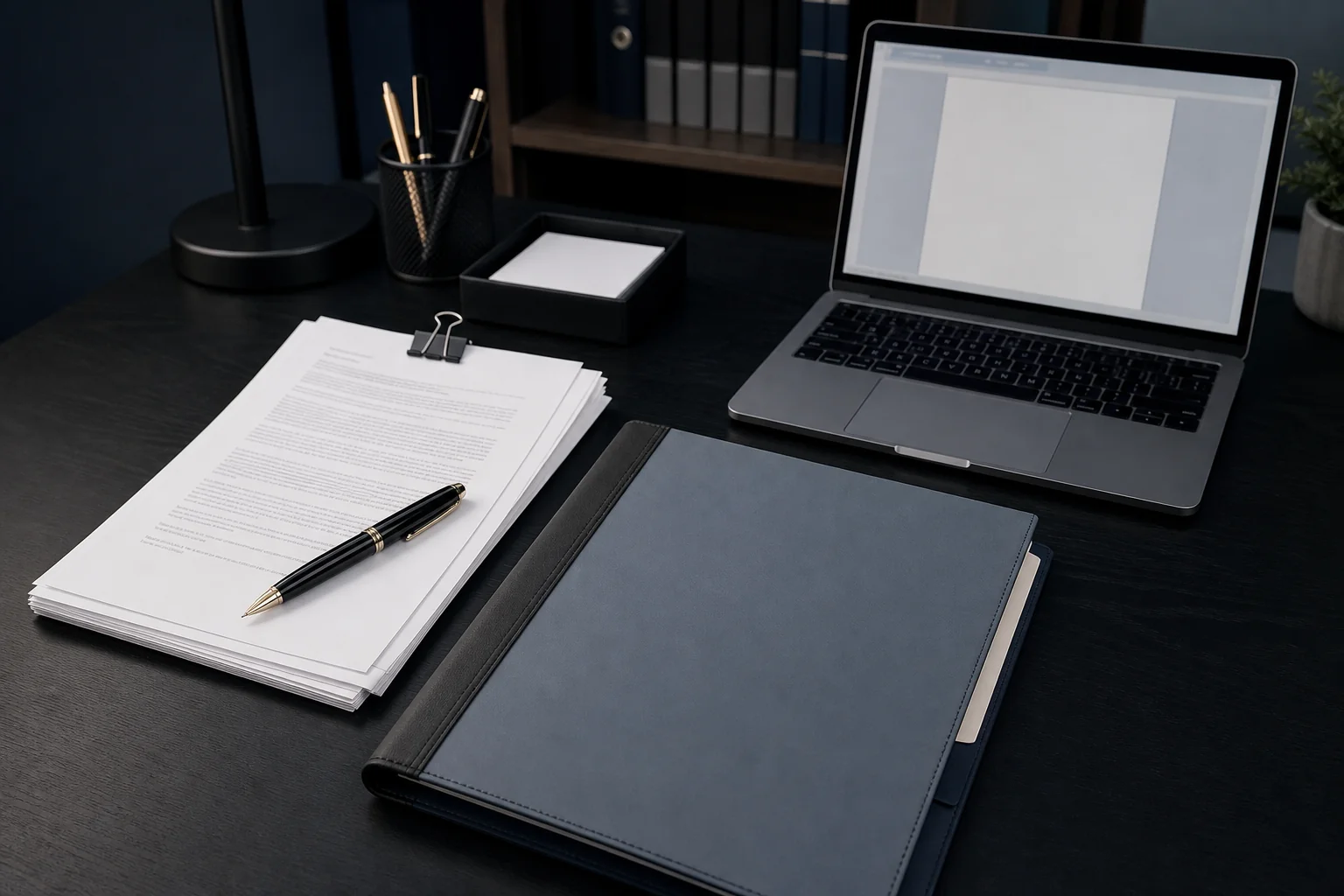 Contracts and legal documents being reviewed on a desk as part of outsourced general counsel work