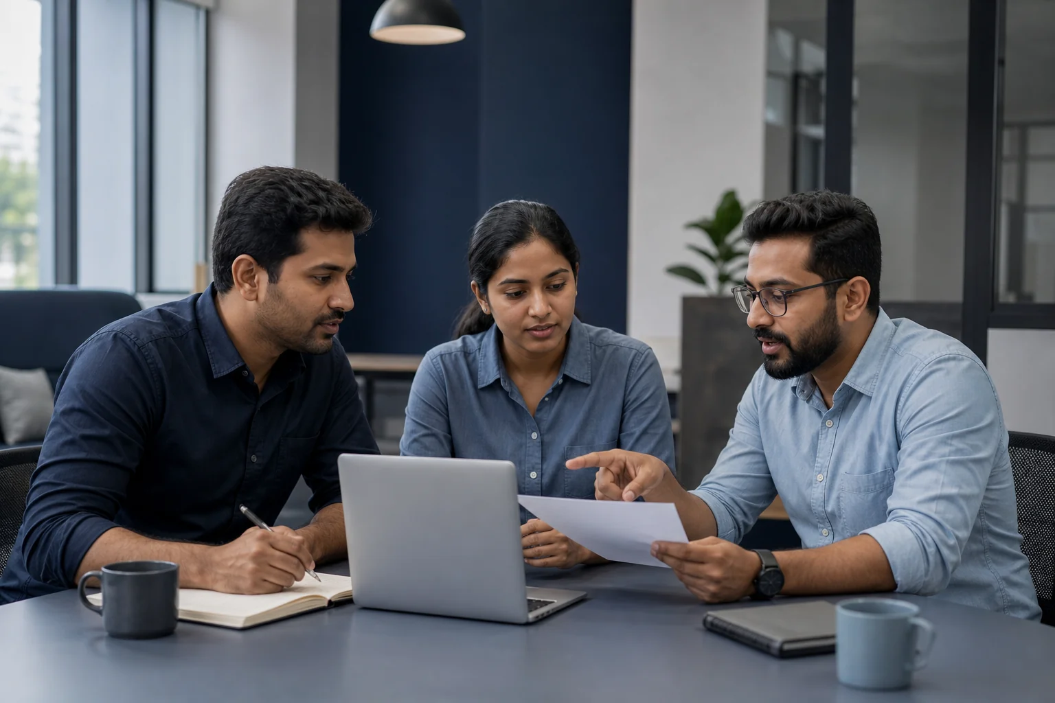 Startup team collaborating in an office as part of a workflow supported by outsourced general counsel