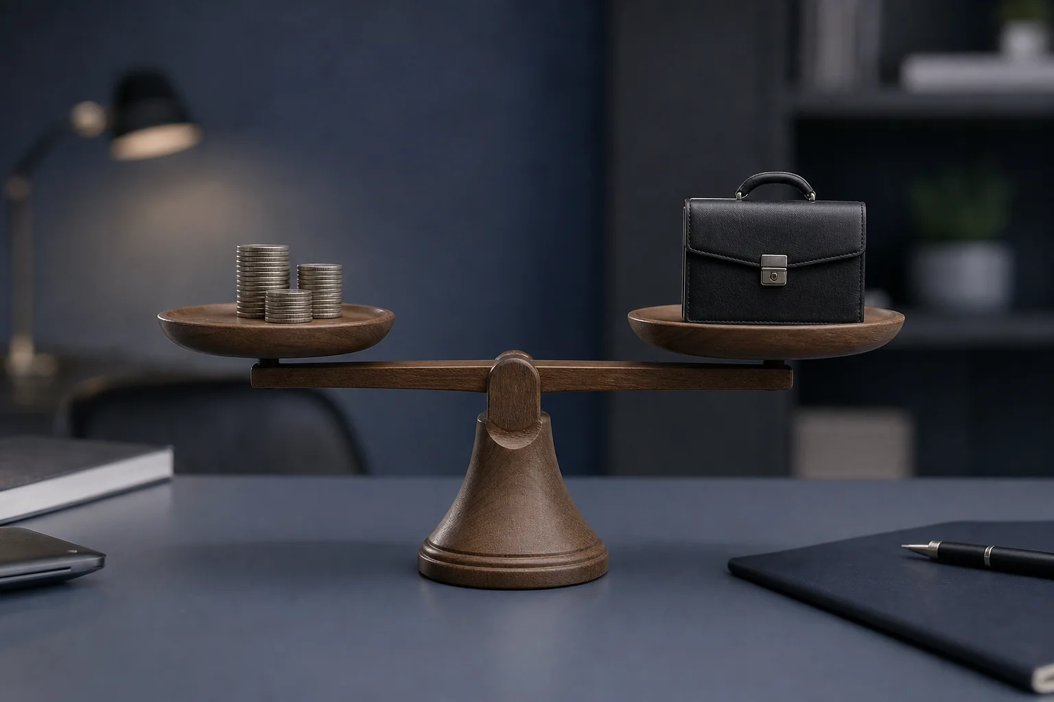 Balance scale representing cost comparison between outsourced general counsel and in-house hiring for startups