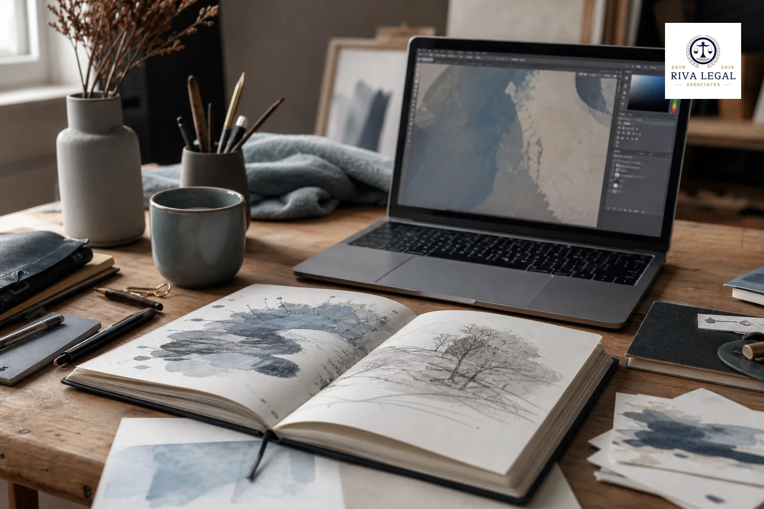photorealistic photograph of a designer's or writer's desk with an open sketchbook, illustration artwork, and a laptop showing abstract creative software interface, warm neutral desk setting accented with muted blue-grey tones (#8494a6