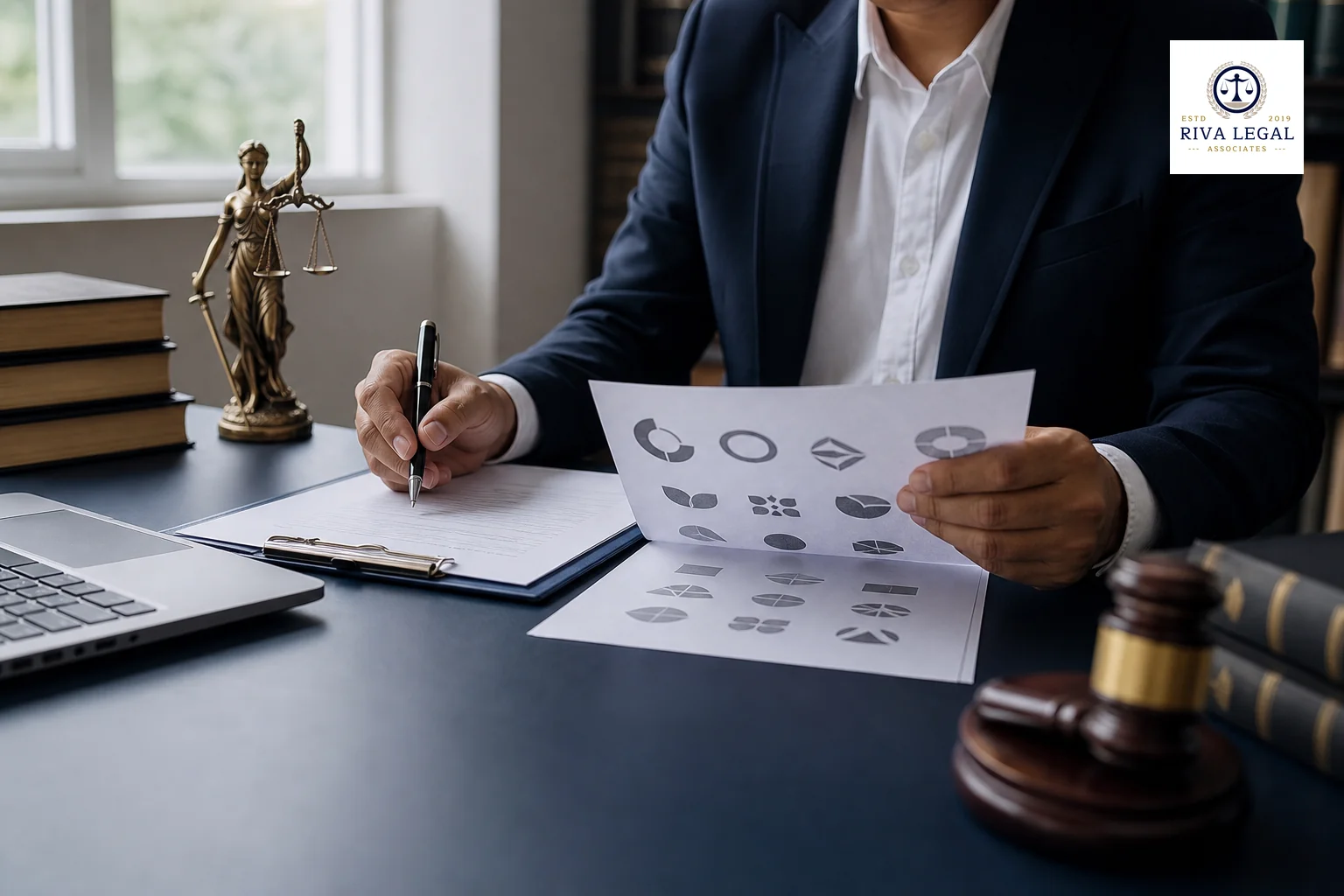 Professional working on brand identity documents representing trademark filing. photorealistic photograph of a professional Indian legal desk scene, a lawyer's hands reviewing brand logo printouts and a trademark application form, muted
