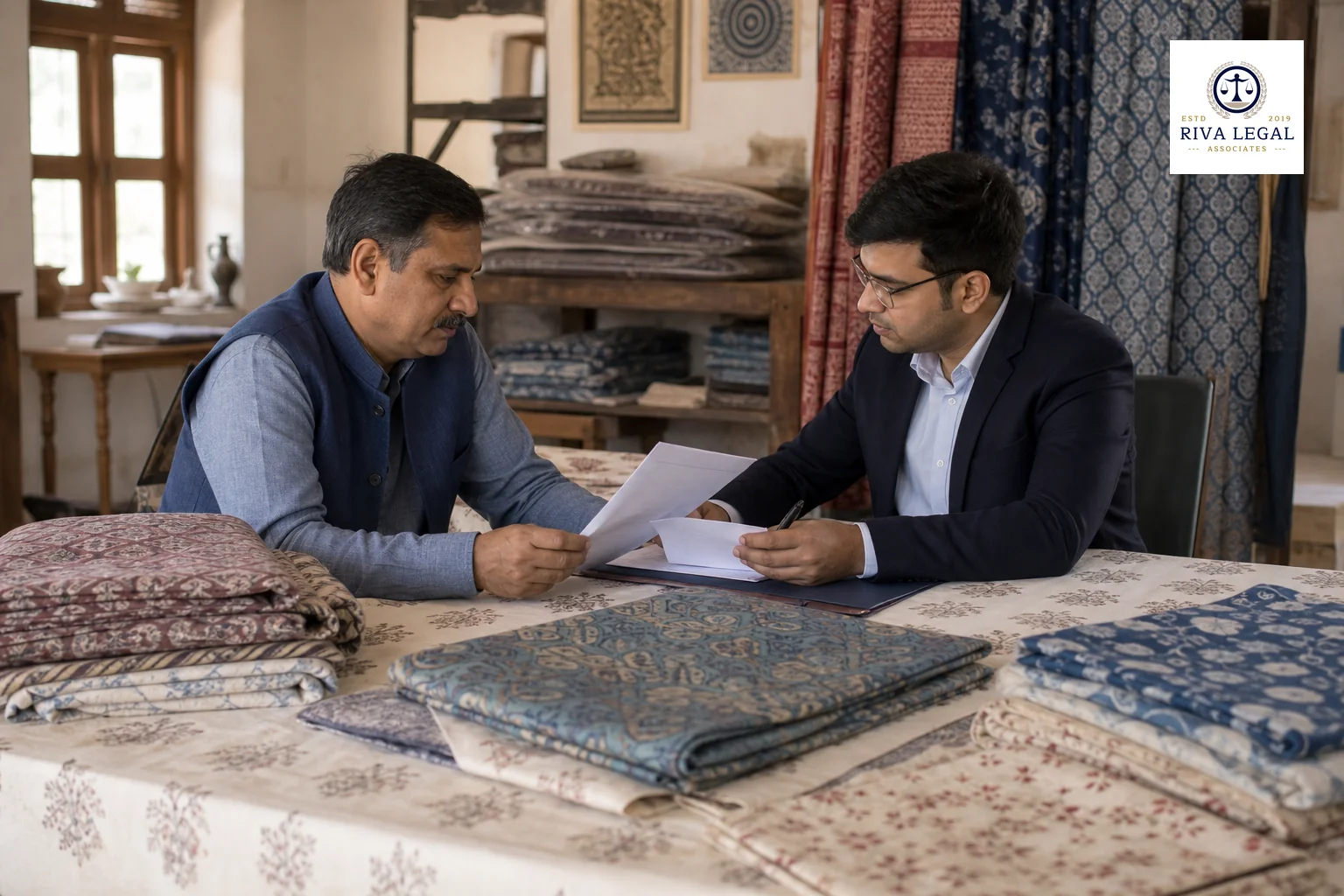 Jaipur business context showing textile or handicraft brand consultation. photorealistic photograph of a small Jaipur textile or handicraft workshop, folded printed fabric samples with traditional block-print patterns on a table, a business
