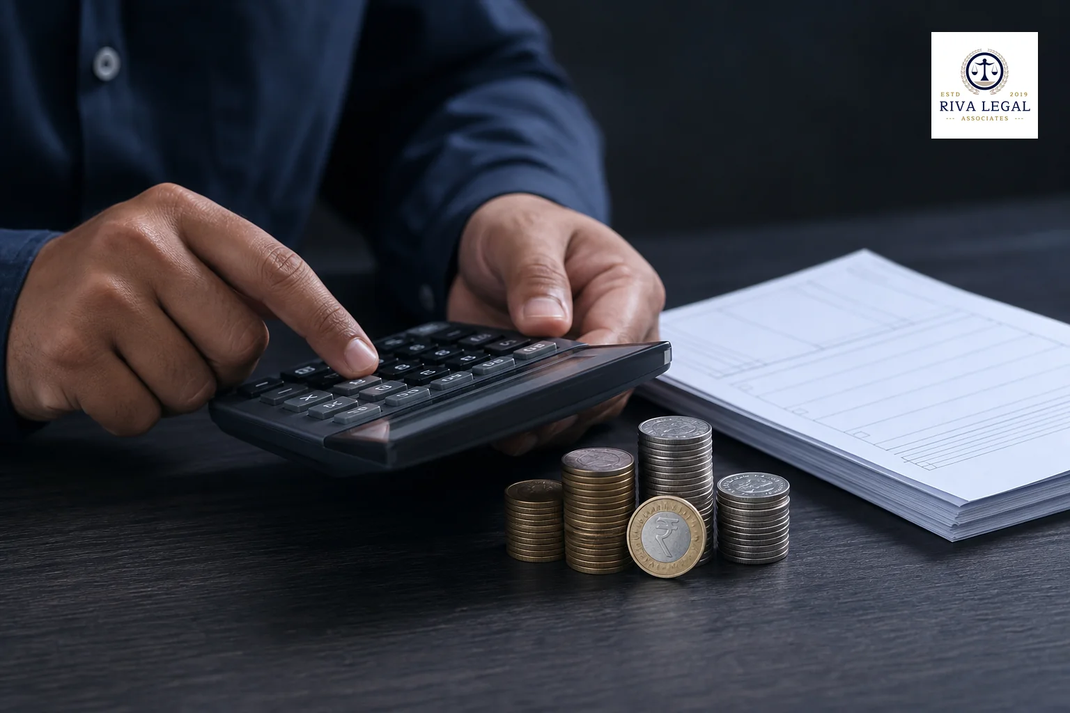 Close-up of hands calculating costs on a calculator beside stacked rupee coins and legal paperwork, symbolising fee savings for startups. Photorealistic photograph, close-up shot of hands using a calculator next to a neat stack of Indian